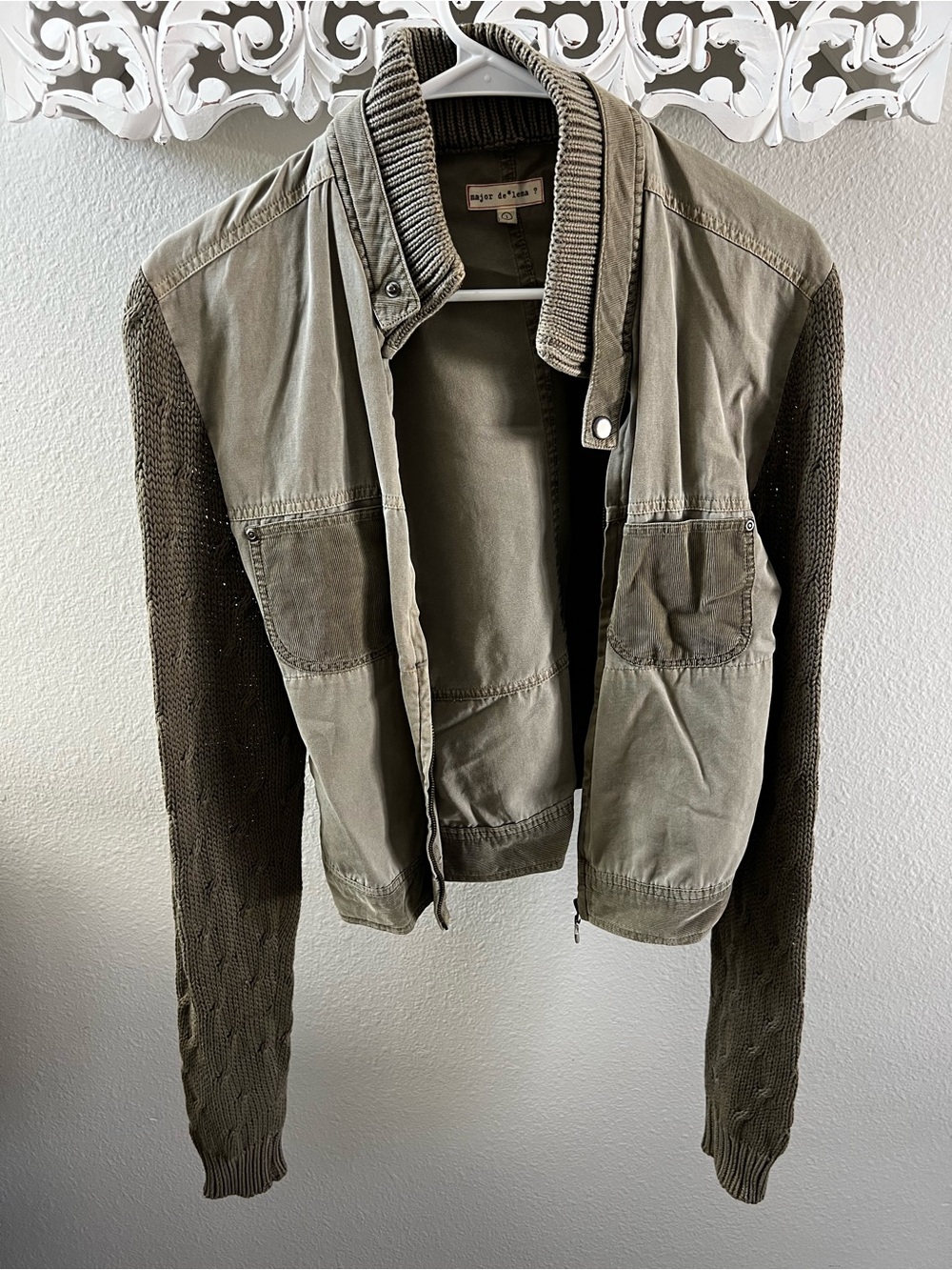 Mixed-Media Olive Bomber Jacket with Knit Sleeves